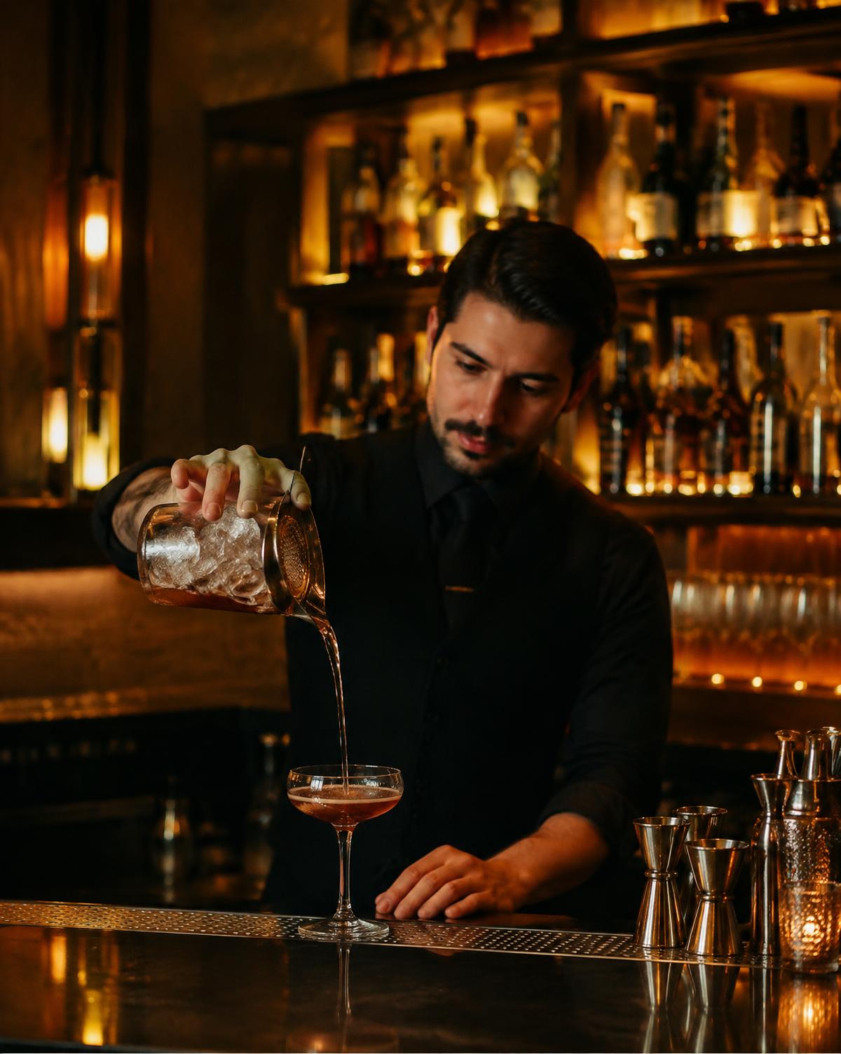 Bartender pouring a cocktail at a warmly lit bar