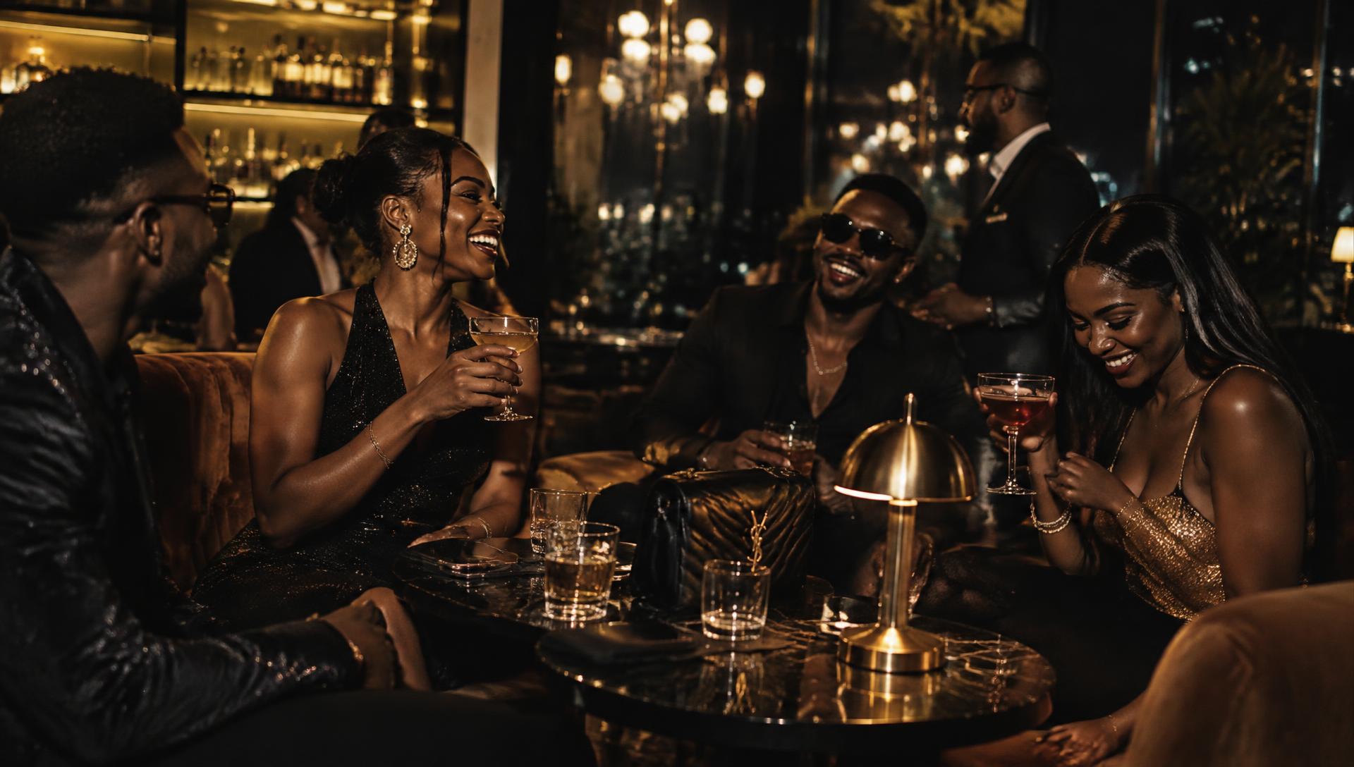 Guests enjoying a warm, golden-lit lounge evening