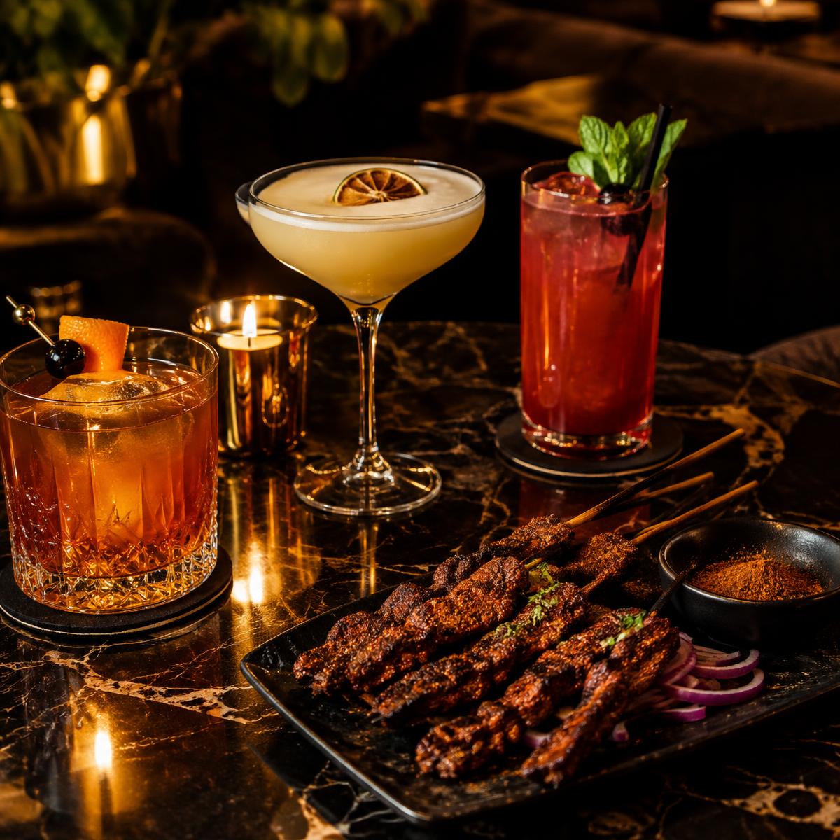 Cocktails and suya on a lounge table